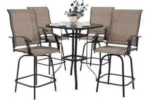 UDPATIO Patio Swivel Bar Stools Set of 5, Outdoor Bar Heigt Chairs and Table, All Weather High Back and Armrest Rocking Stools & Bar Chairs for Backyard, Lawn Garden, Balcony and Pool, Brown