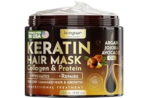 KINPUR ORGANIC COSMETICS Keratin Hair Mask for Dry, Damaged or Long Hair - Deep Conditioner Masque with Protein, Coconut, Jojoba & Avocado Oil – Collagen Treatment for Hair Growth & Hydration, Split Ends Repair, Color-Safe