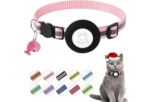 SIMPLETHINGS Airtag Cat Collar, Air tag Cat Collar with Bell and Safety Buckle in 3/8" Width, Reflective Collar with Waterproof Airtag Holder Compatible with Apple Airtag for Cat Dog Kitten Puppy (Pink)