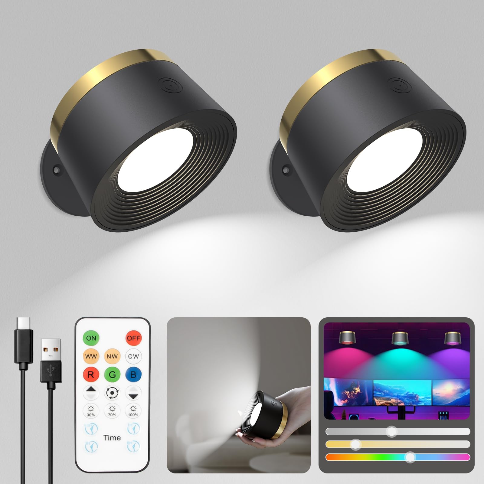 Photo 1 of Moobibear LED Wall Lights with Remote, 3500mAh Rechargeable Battery Operated Wall Sconce, Dimmable 13RGB + 3 Color Temperature Magnetic Wireless Wall Lamp, for Rooms, Hallway (Black, 2 PCS)