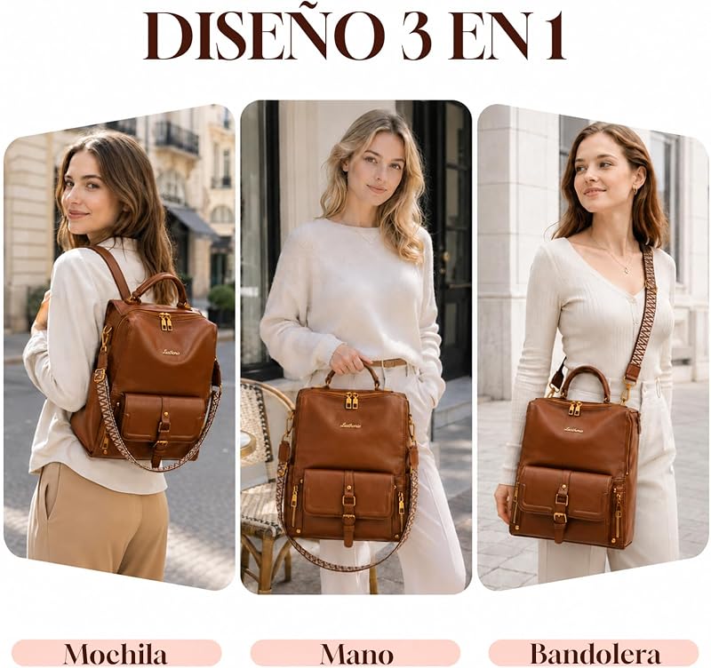 Bolso Mochila Mujer 3 en 1 Casual para Diario Marrón