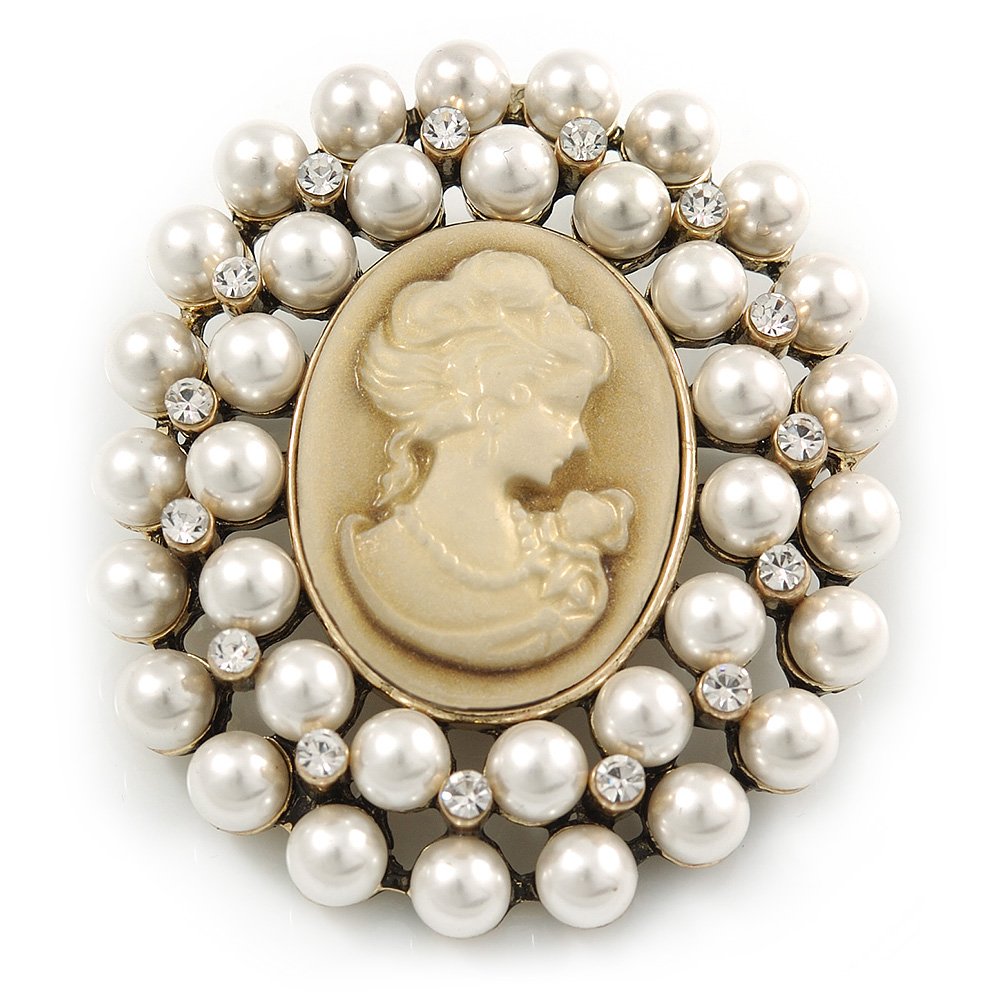 Victorian Inspired Faux Pearl Cameo Brooch In Antique Gold Tone - 55mm