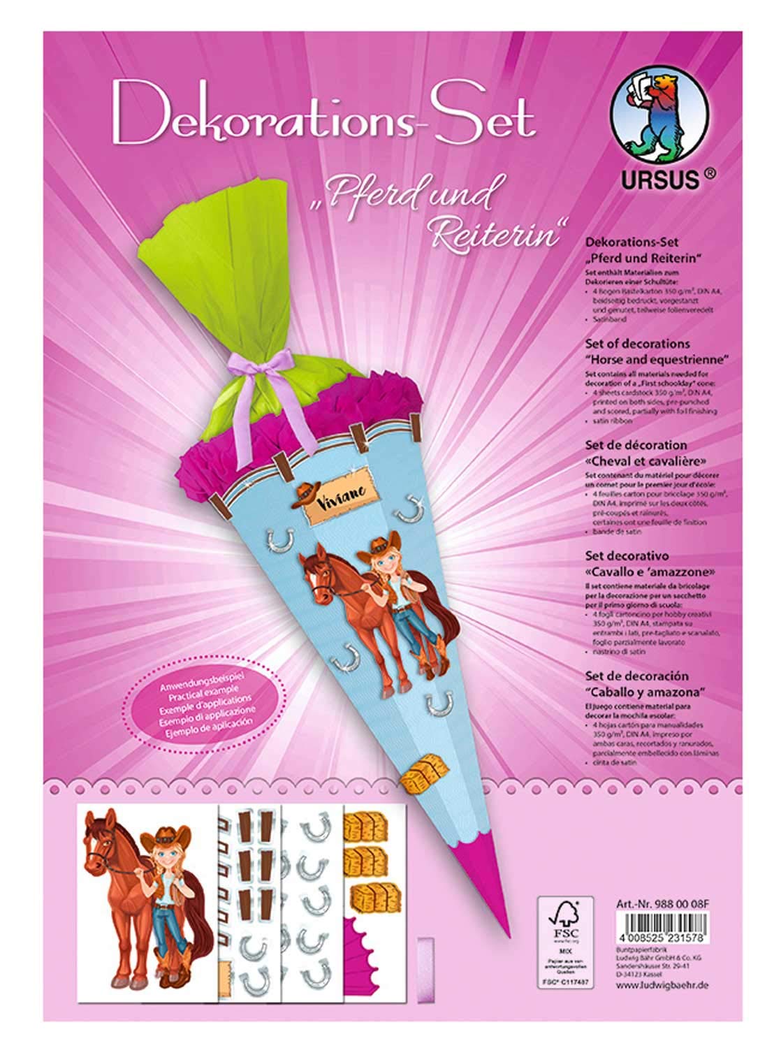 Ursus 9880008F - Decoration Set Horse and Rider, 4 Sheets of Craft Cardboard DIN A4, Printed on Both Sides, Pre-Cut, Grooved, for Decorating a School Cone, Partially Finished, with Satin Ribbon