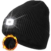 MELASA Winter Fleece Lined LED Beanie, USB Rechargeable Hand Free Warm Hat with Light Built in, Gifts for Men Dad Husband Him