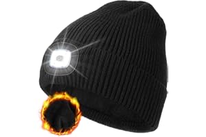 MELASA Winter Fleece Lined LED Beanie, USB Rechargeable Hand Free Warm Hat with Light Built in, Gifts for Men Dad Husband Him