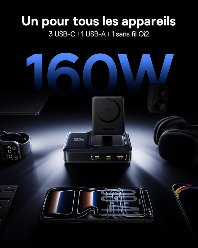 Chargeur USB C 160 W MagSafe Qi2 5-in-1, Station de Charge avec câble rétractable USB-C 100 W Compatible avec iPhone 12-17, MacBook Pro/Air, iPad Pro, etc.
