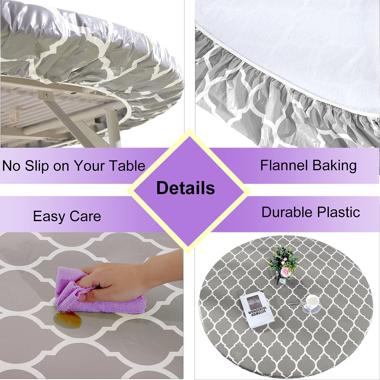 Heavy Duty Vinyl Round Fitted Tablecloth, Gray Moroccan Design, Spillproof Waterproof Elastic Table Cover with Flannel Backed Lining, Fits 45" to 56" Round Table, for Indoor/Outdoor Use : Garden & Outdoor