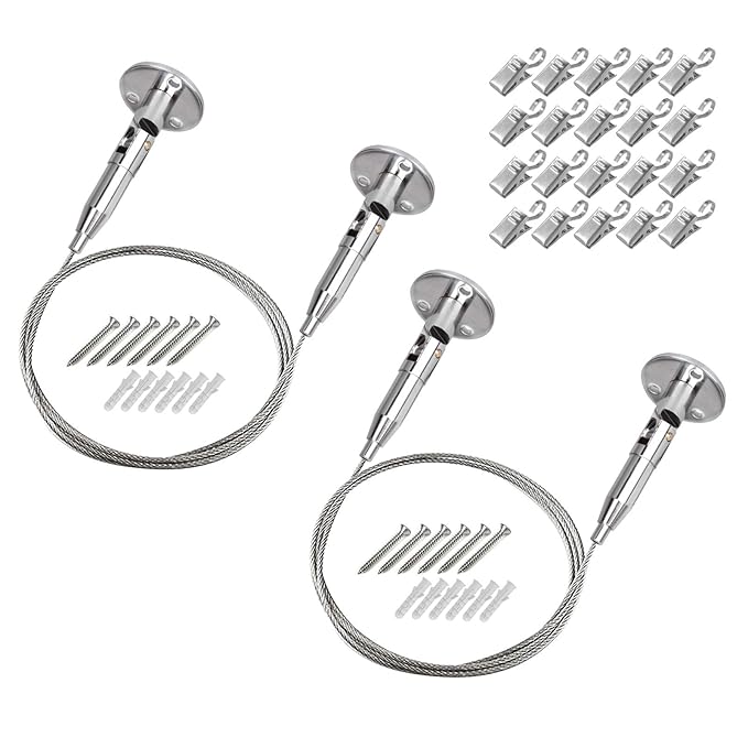 TSSS 2 Stück 2m Edelstahl Seil Fotoseil mit 20 Stück Fotohalter Befestigungen Fotoleine - max 30 KG Tragfähigkeit für Bilder,