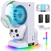 Cooling Stand &amp; Charge Station for Xbox Series S with RGB Light Strip,White | Dual Controller Charger &amp; Cooler Fan for XSS Console Accessories with 2*1400mAH Rechargeable Battery Pack,1*Headphone Hook
