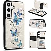 UEEBAI Wallet Case for Samsung Galaxy S25 5G with Card Holders, PU Leather Cover Kickstand RFID Blocking Double Magnetic Clasp Rilievo Flower Shockproof Flip Case for Women Girls - Blue Butterfly