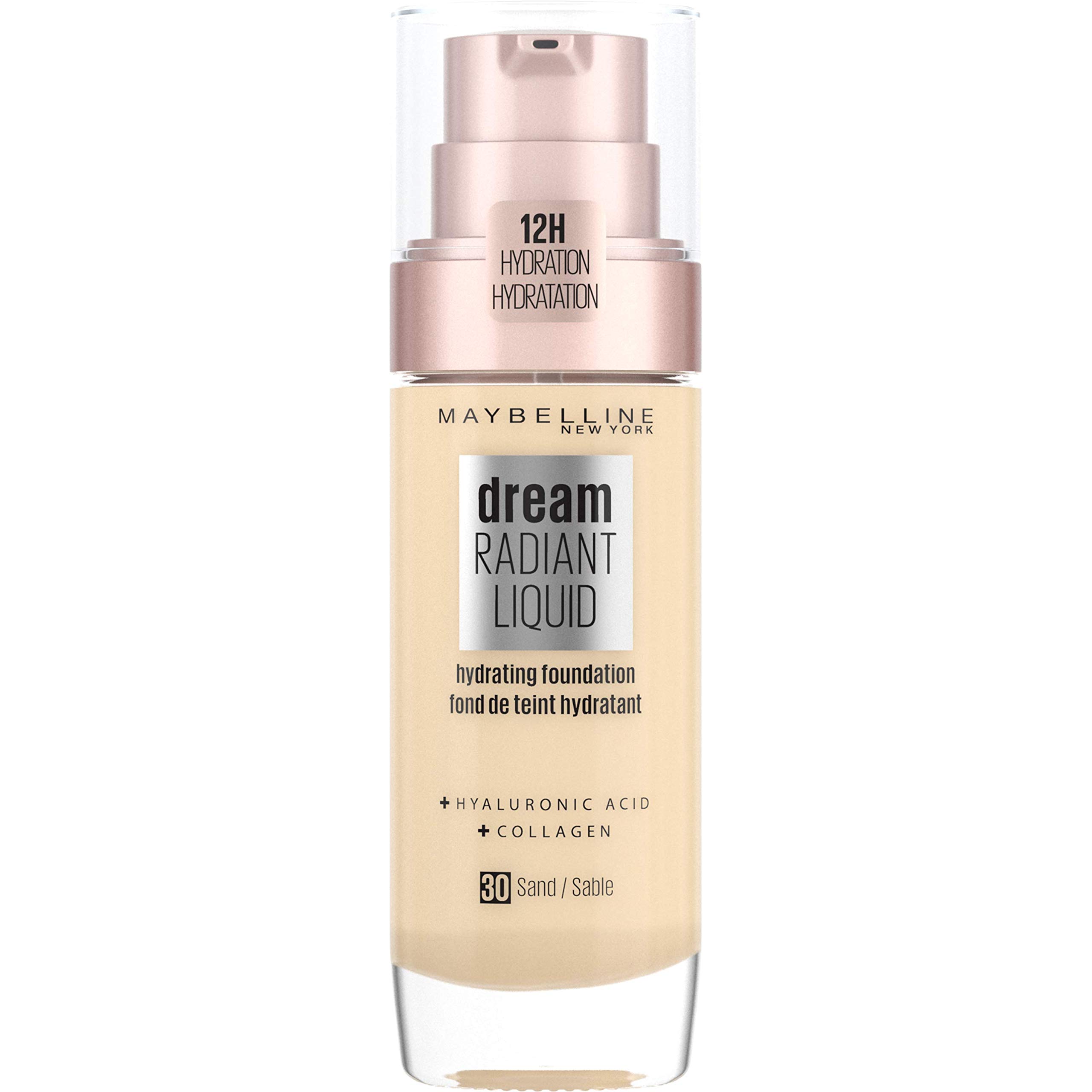 Maybelline Foundation, Dream Radiant Liquid Hydrating Foundation with Hyaluronic Acid and Collagen - Lightweight, Medium Coverage Up to 12 Hour Hydration, 30 Sand
