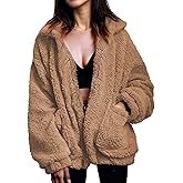 Women's Fuzzy Fleece Faux Shearling Coat, Winter Warm Oversized Jacket with Lapel Collar, Casual Zipper Outwear for Daily Use