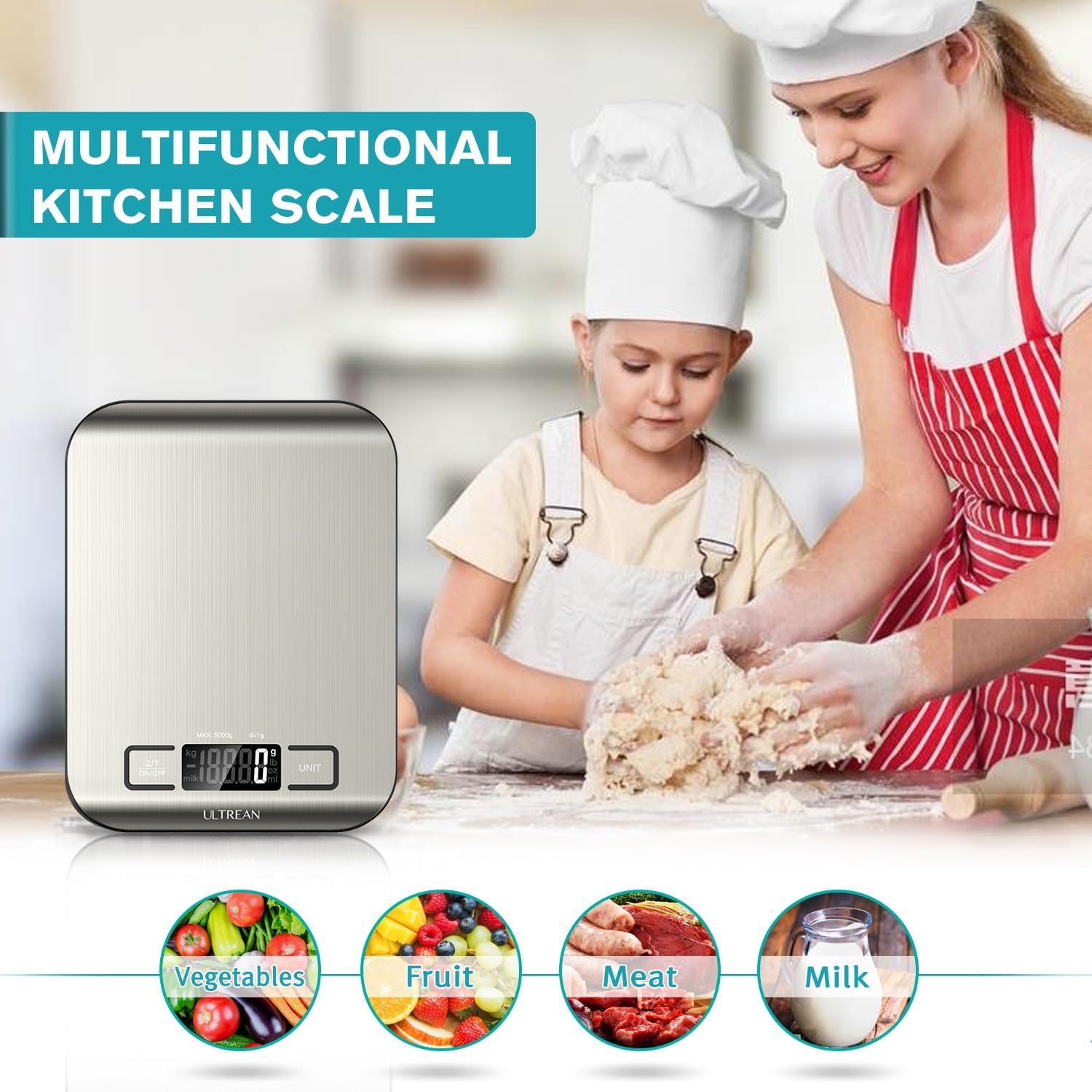 Ultrean Food Scale, Digital Kitchen Scale with LCD Display, Weight Grams and Ounces for Baking Cooking and Meal Prep, 6 Units with Tare Function, 304 Stainless Steel, 11lb (Batteries Included)