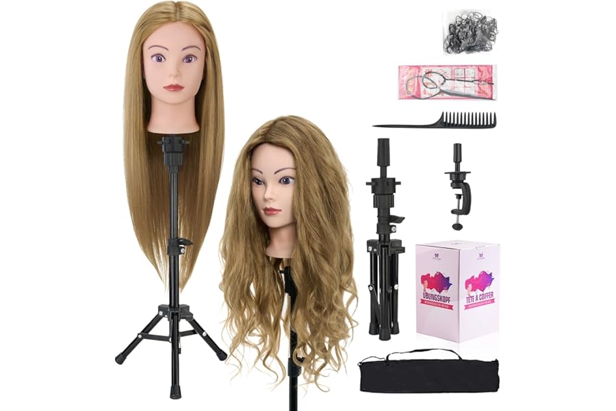 28 Inch Mannequin Head 80% Human Hair with Tripod Stand,Mannequin Cosmetology Manikin Practice Doll Head with stand,Braiding Hairdressing Head for Hair Styling with Table Clamp + DIY Hair Styling Set