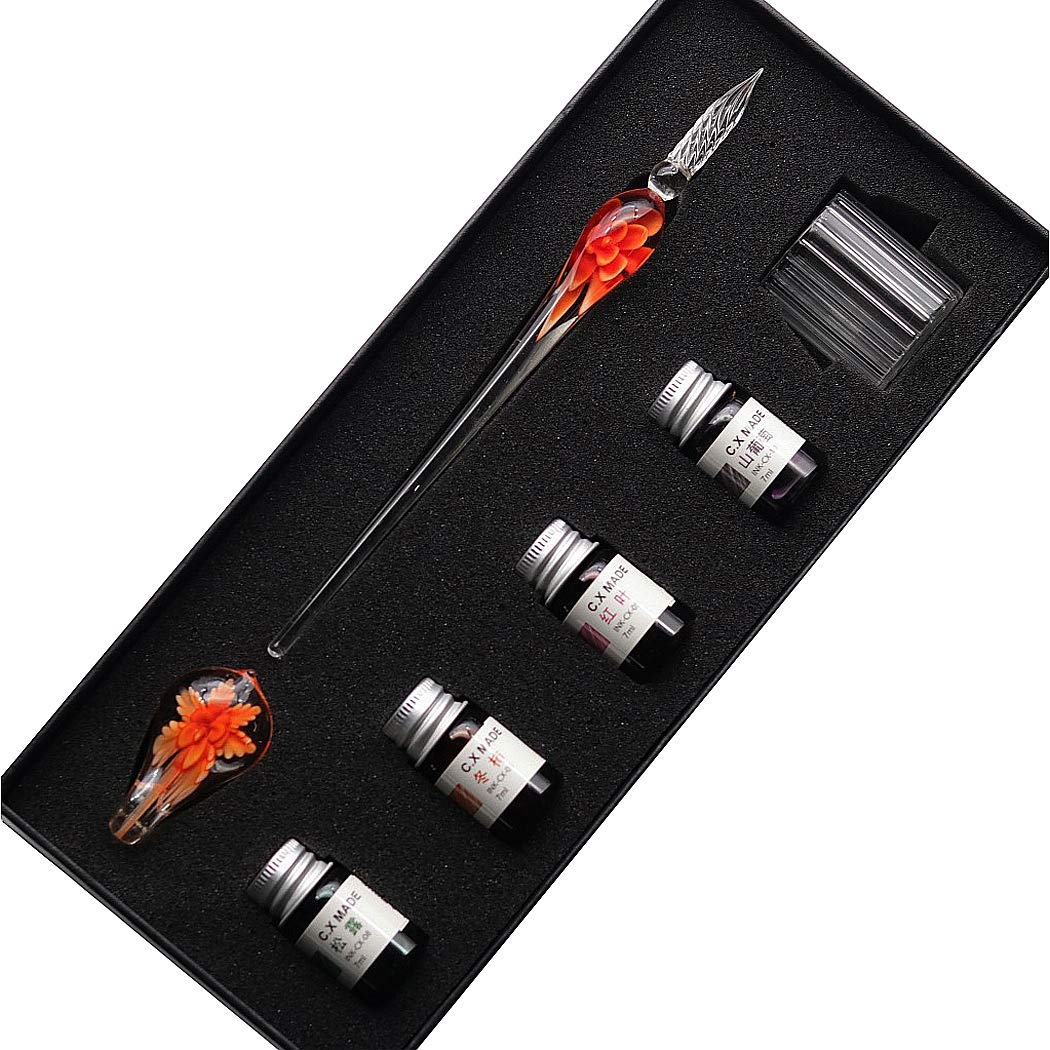 SIPLIV Handmade Crystal Glass Intarsia Dip Pen Fountain Pen Kit Calligraphy Signatures Pen with 4 Colors Ink, Pen Holder, Cleaning Cup, Orange