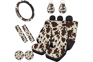 Wanyint Brown Cow Print Car Seat Cover Full Seat for Front Back Seats Adorable Animal Fur Print Steering Wheel Covers, Auto Seat Belt Pads Cup Holder Coaster Key Chains for Women Men