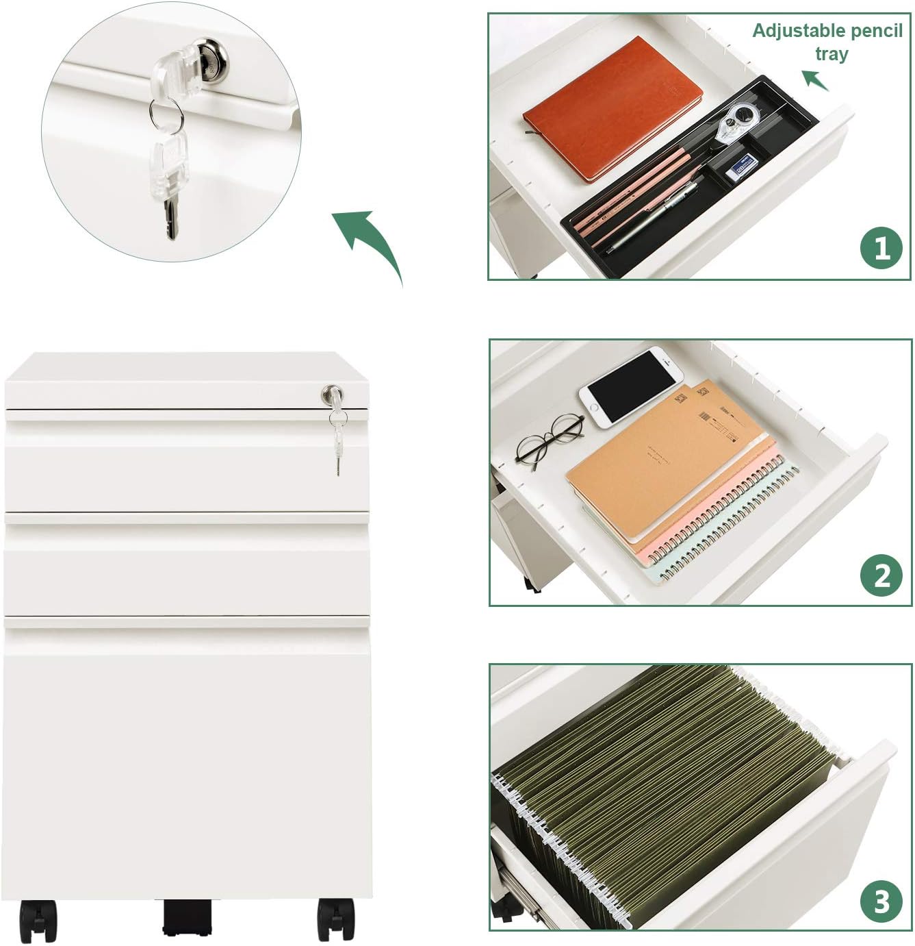 DEVAISE 3 Drawer Mobile File Cabinet with Lock, Metal Filing Cabinet Legal/Letter Size, Fully Assembled Except Wheels, White : Office Products