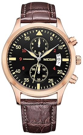 PASOY Mens Military Style Pilot Chronograph Dial Sport Brown Leather Strap Gold Case Sport Quartz Watch