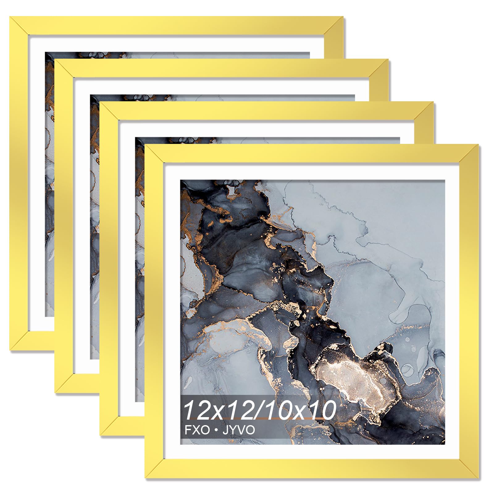 Photo 1 of Fxojyvo Gold 12 x 12 Frame Set of 4, Display Picture 10 x 10 with Mat or 12x12 Without Mat, Wall Hanging Large Picture Frame for Diamond Art Painting 30x30cm - 4 Packs