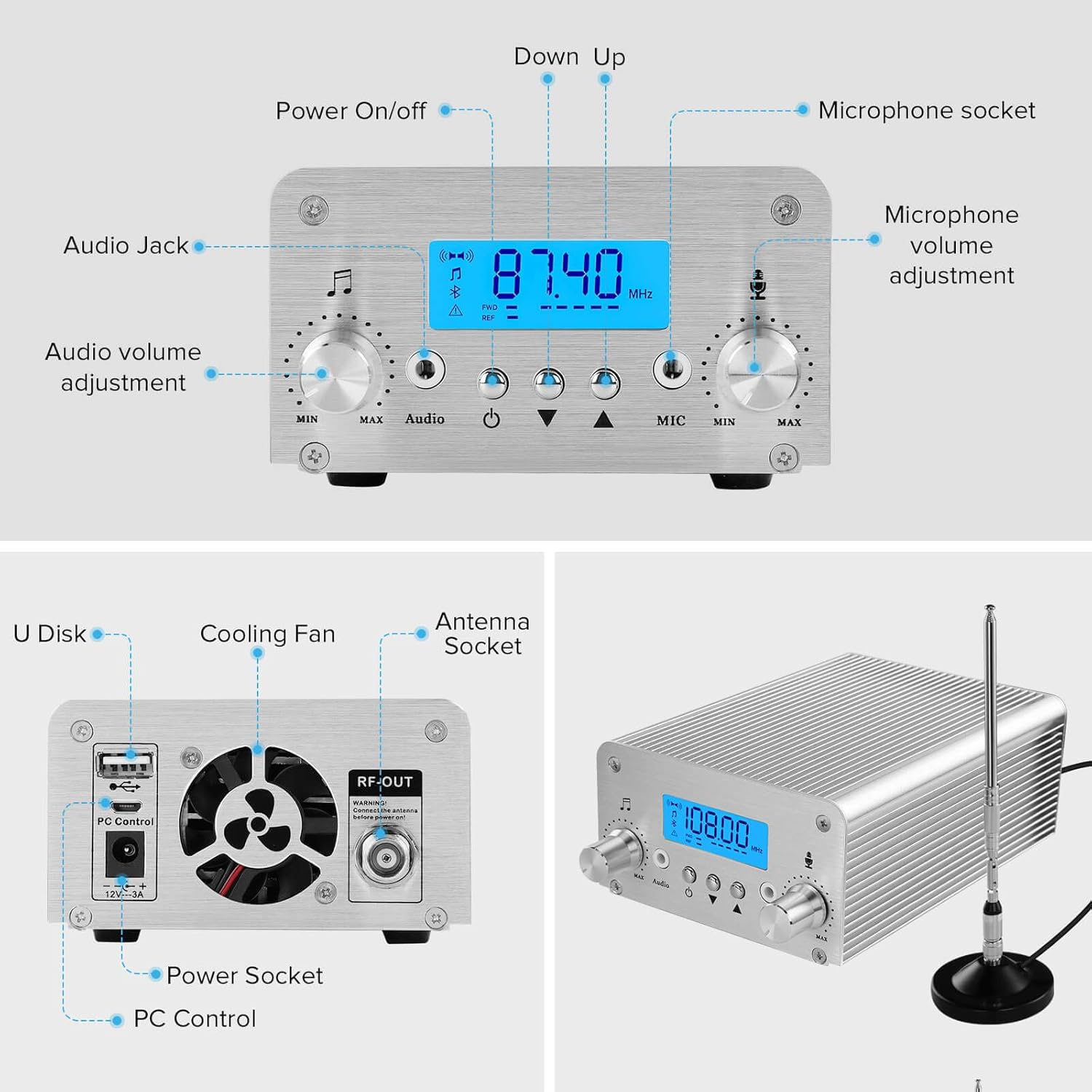 FM Transmitter for Church, APROTII 15W FM Broadcast Transmitter Long Range 1000m, Bluetooth MP3 Broadcast Radio Station 87~108MHz, FM Transmitter for Parking Lot Service, Outdoor Drive-in Movie: MP3 Players & Accessories