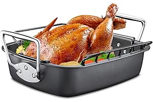 HONGBAKE Nonstick Turkey Roasting Pan with Rack, 19 x 14.5 Inch Large Chicken Roaster Pan for Oven, Suitable for 25lb Turkey, Heavy Duty, Dark Grey
