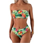 SweatyRocks Women's 2 Piece Bandeau Swimsuit Boho Floral Print Strapless High Waisted Bathing Suit Swimwear