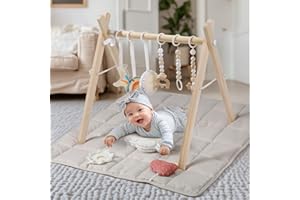 Baby Play Gym with Mat, Wooden Play Gym with 9 Sensory Toys, Baby Activity Center‌ for ‌Infant Motor Development‌, Natural Pi