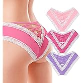 Littleforbig Lace Seamless Hipster Sexy V-Back Strappy Criss Cross Sissy Tease 3-Pack Panties Set