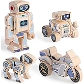 SainSmart Jr. 4-in-1 STEM Kits, Wooden Robot Assembly Toy Set, Woodworking Crafts Projects for Kids, Gift for Boys and Girls