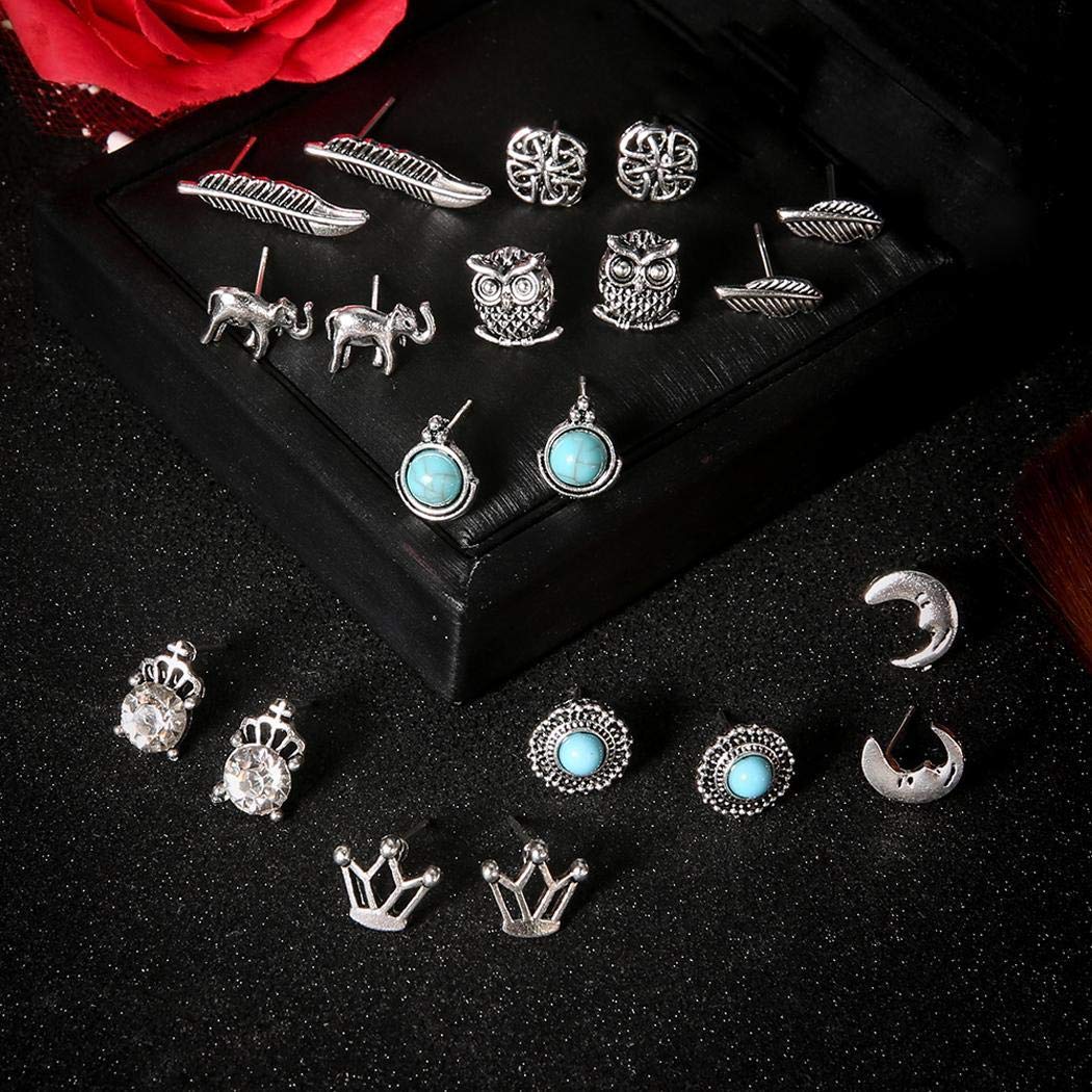 kirken 10 Pair Stud Earrings Crown Leaf Animal Geometric Pierced Earring Set Gift for Women
