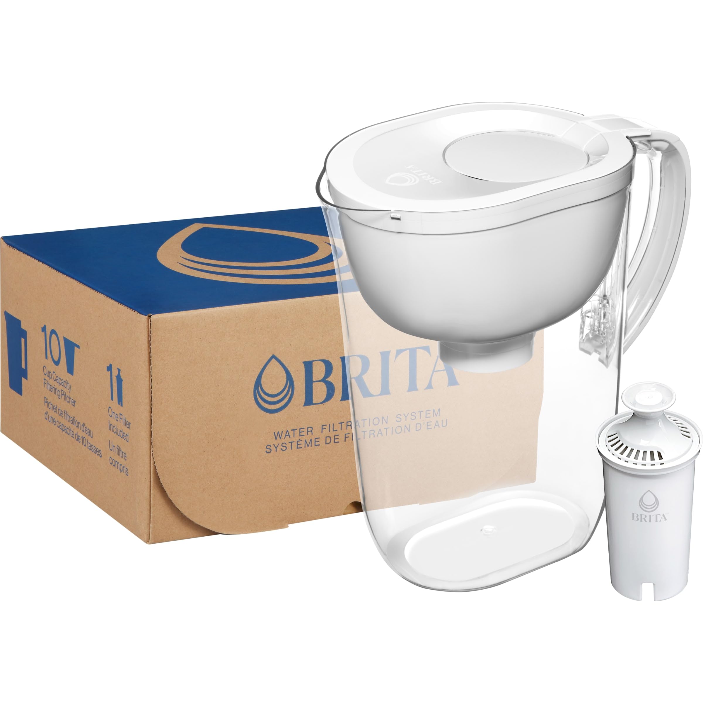 Brita Large Water Filter Pitcher for Tap and Drinking Water, Includes 1 Standard Filter, BPA-Free, Lasts Two Months, 10-Cup Capacity, Bright White
