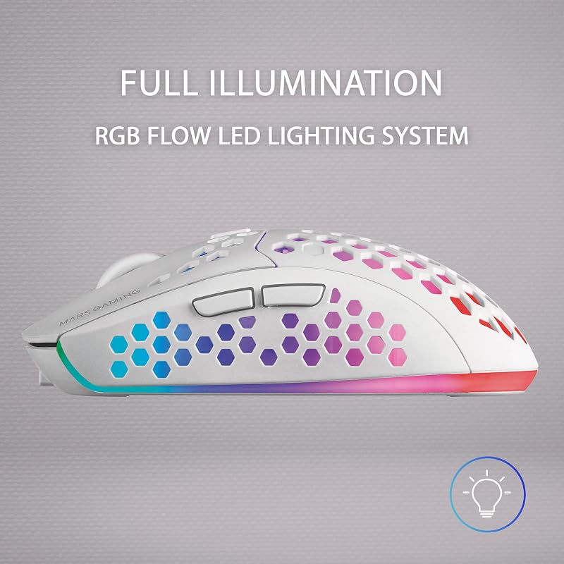 MMW3, Ratón Gaming Inalámbrico Ultraligero Hive, RGB Flow, Sensor 3200 dpi, Switches Mecánicos HUANO, Batería Recargable, 2.4G USB, Blanco