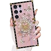 AuroiCYY for Samsung Galaxy S25 Ultra Case with Kickstand, Foldable Butterfly Woman Girly Bling Diamond Mirror Back Golden Plated Shockproof Corners Protection Elegant Cute Cover (Aurora Pink)