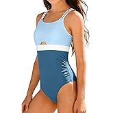 Qaoerde Girls Swimsuit One Piece Bathing Suit Color Block Waist Cutout Double Thin Shoulder Straps Swimwear 9-16Y