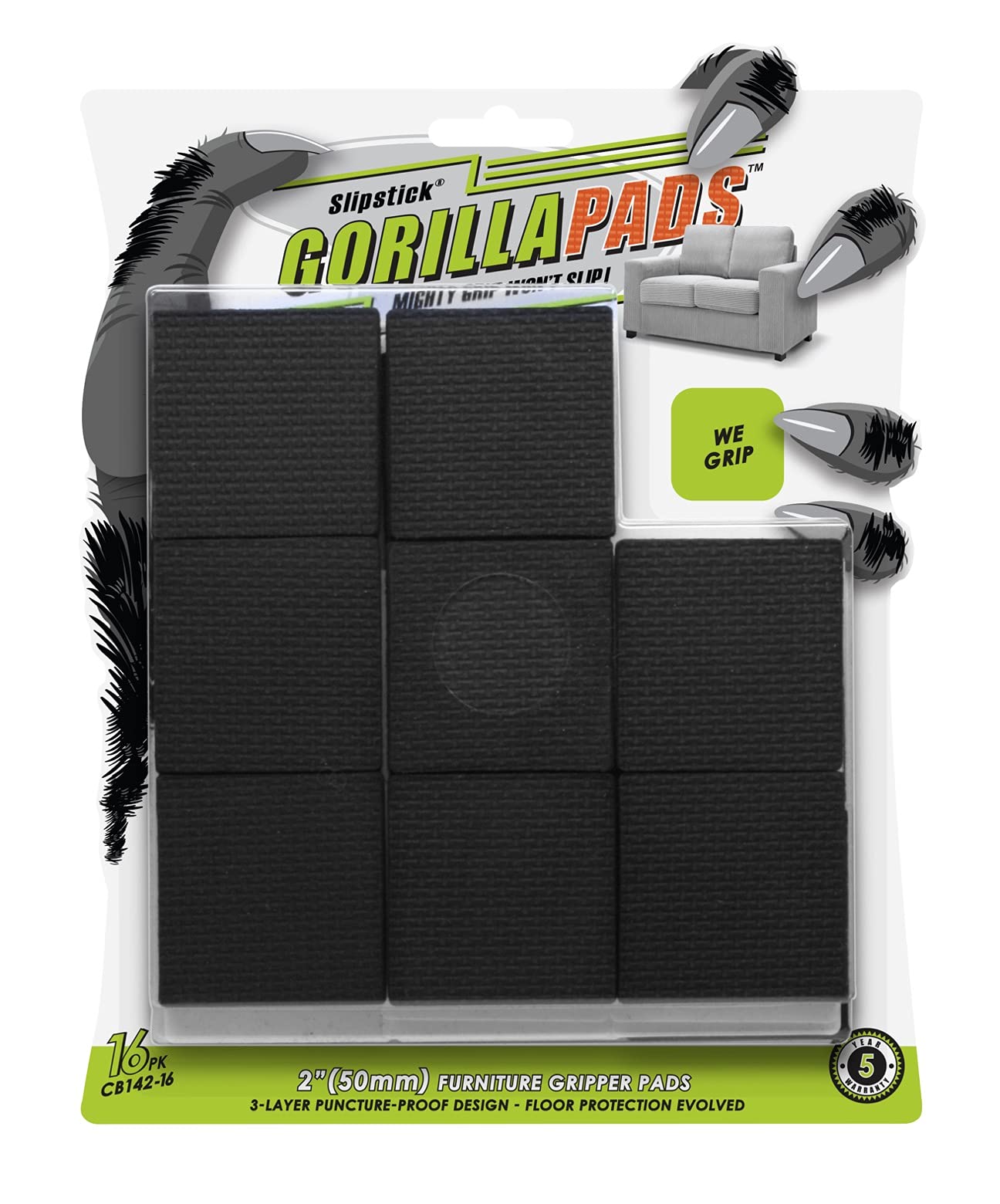 Slipstick GorillaPads CB142-16 Non-Slip Furniture Pads (Set of 16 Grips), 2" Square Floor Protectors for Under Furniture, Black, CB142-16