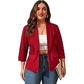 ShopWonder Womens Plus Size Casual Pocketed Blazer Office Open Front 3/4 Sleeve Cardigans Jacket Work Suit