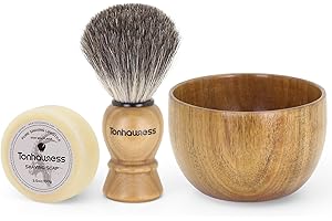 TONHAWNESS Shaving Brush Kit For Men, 3 In 1 Shaving Brushes Set Includes Badger Hair Shaving Brush, Wood Bowl and Goat Milk Shaving Soap