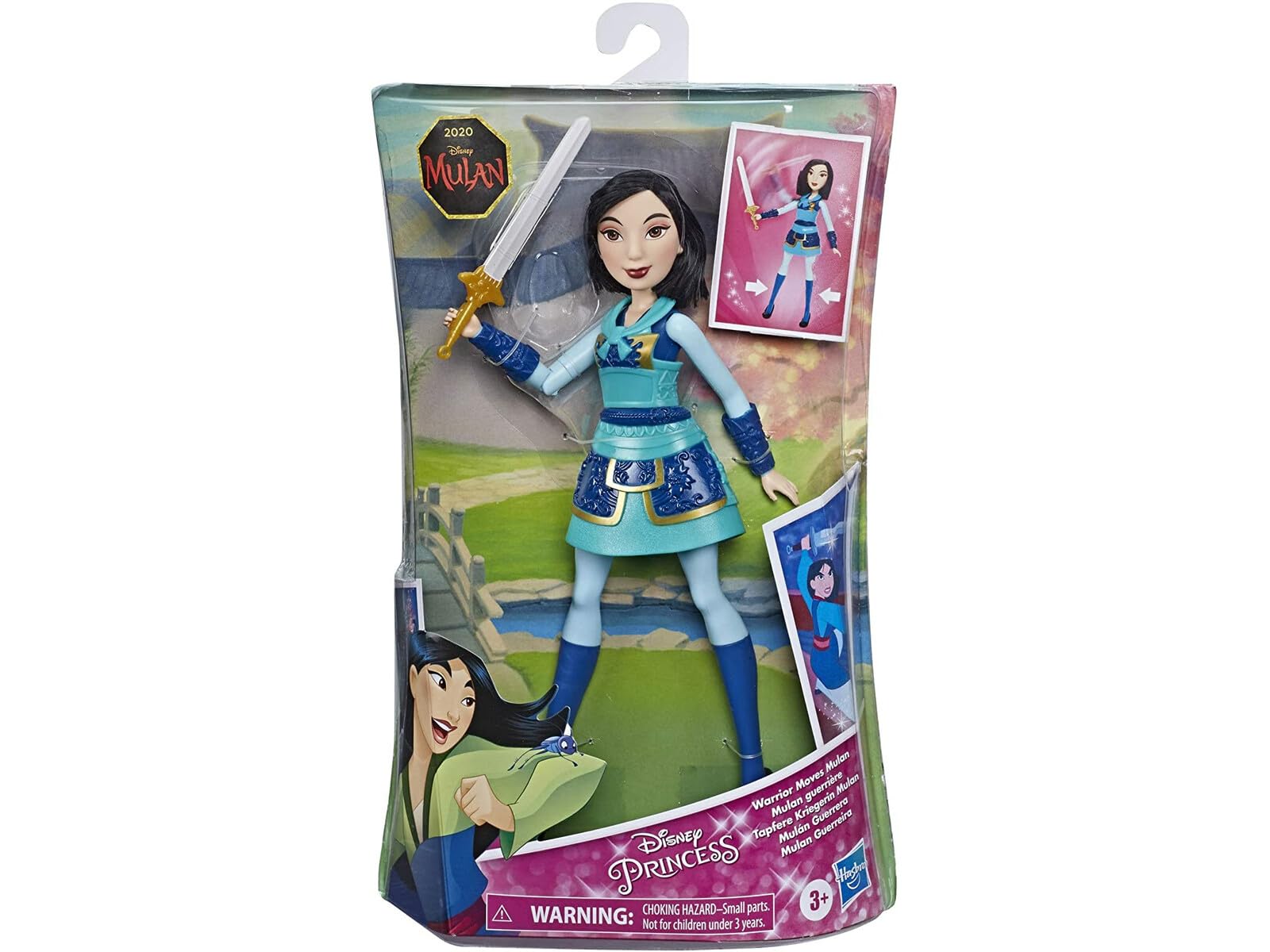 Disney Princess Warrior Moves Mulan Doll with Sword-Swinging Action, Warrior Outfit Mulan Fashion Doll Toy for Children, Blue, E8628