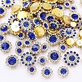 100pcs Sew on Rhinestones Sunflower Shapes Crystal Glass Mixed 8mm 10mm 12mm 14mm Gold Base Art Rhinestone for DIY Garments, Dress, Headdress, Embellishments (03 Sapphire Blue)