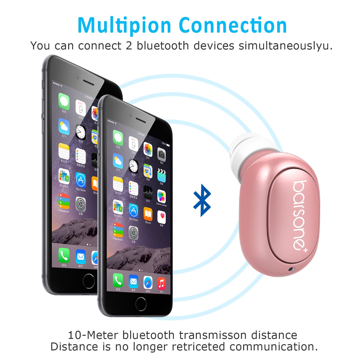 Bluetooth Earbud, Barsone Mini Bluetooth Earpiece Wireless Earphones Handsfree with Mic, In-ear Mini Bluetooth Ultra Light Headphones For IPhone Samsung and Any Other Smartphones (Rose gold)