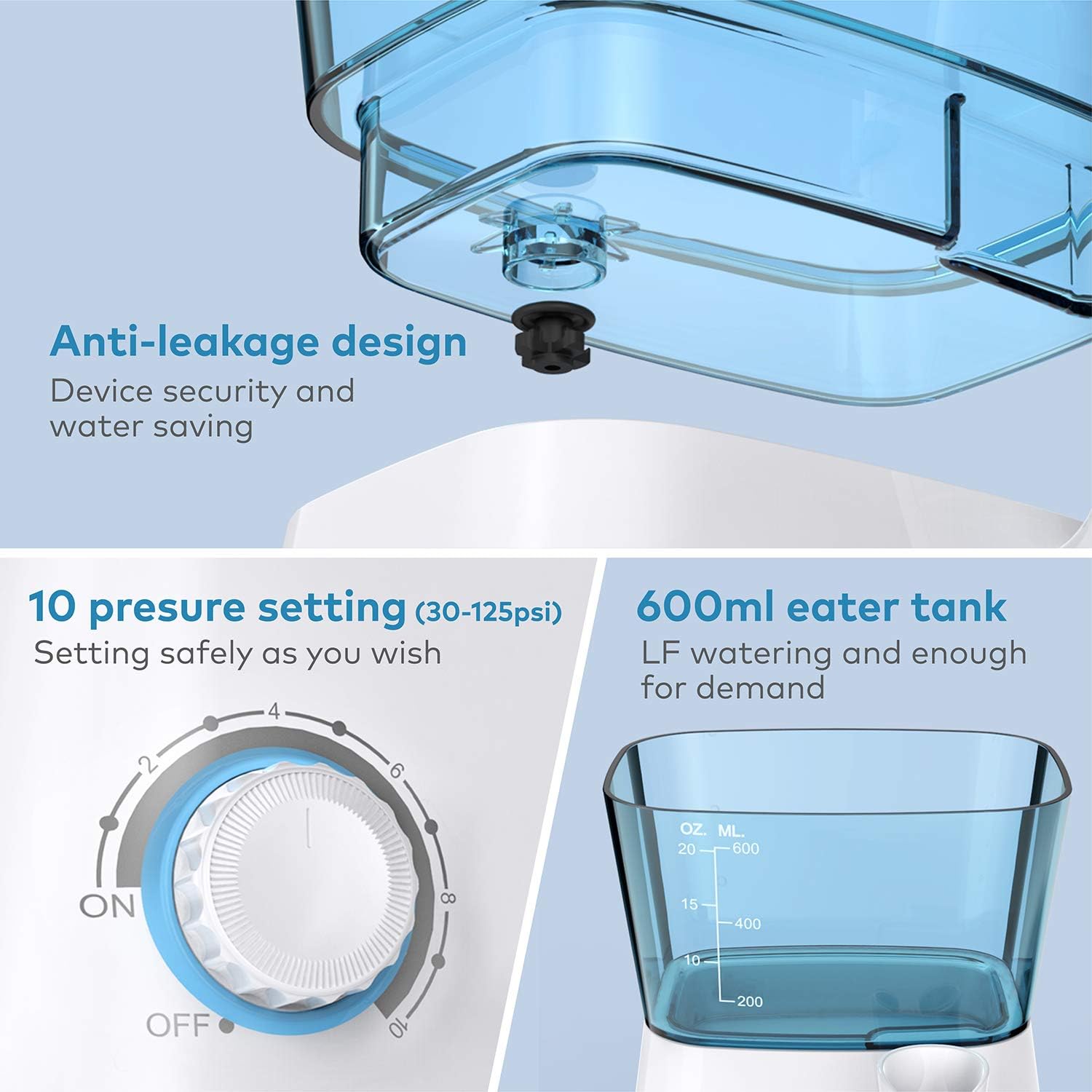 Water Dental Flosser, KUOAS Water Dental Flossers for Teeth with 600ml Capacity and 8 Multifunctional Tips , 10 Pressure Countertop Water Power Flossers for Braces (White): Health & Personal Care