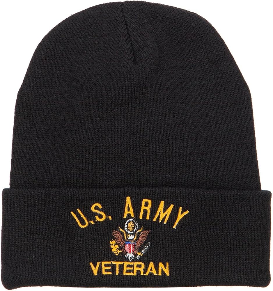 e4Hats US Army Veteran Military Embroidered Long Beanie - Black OSFM: Clothing