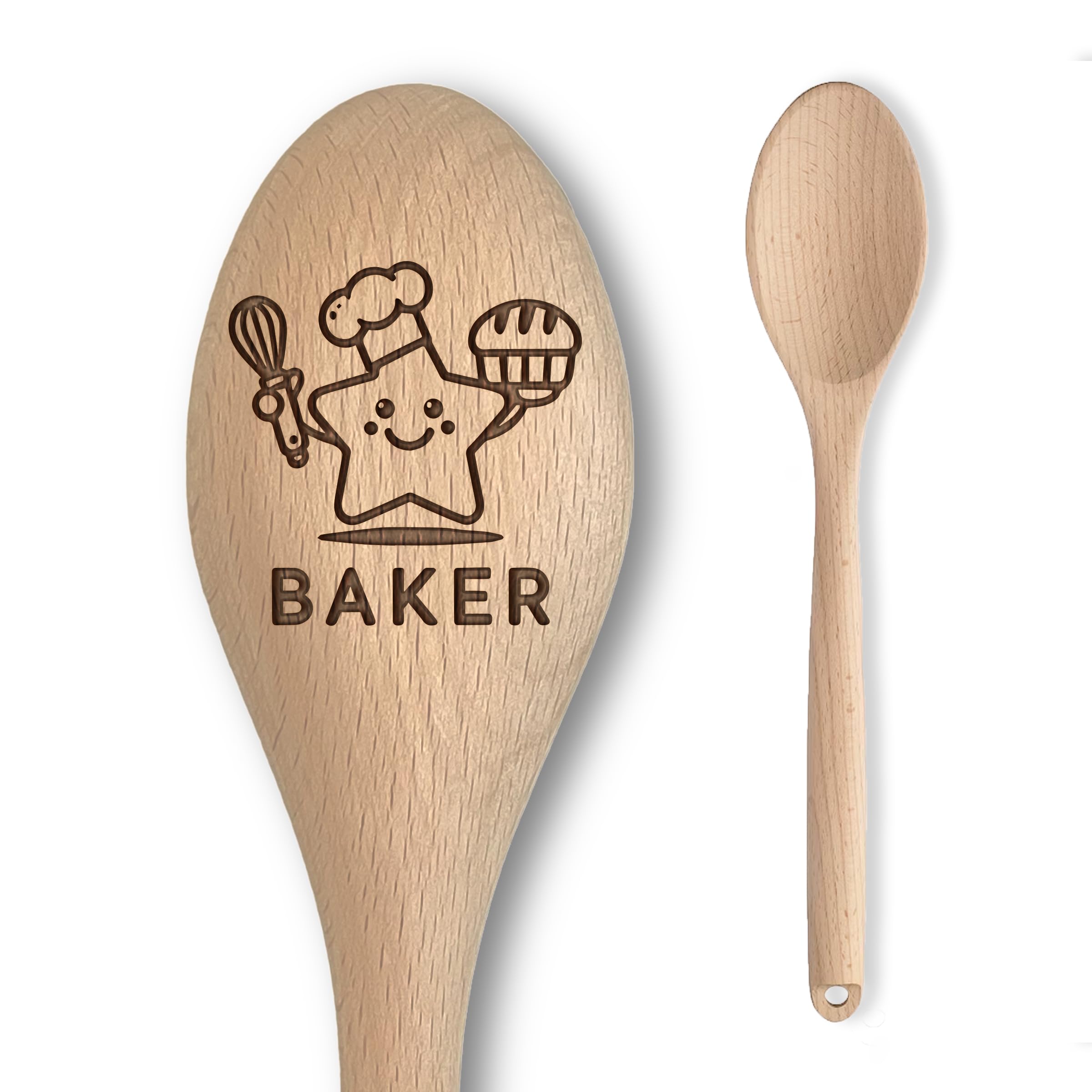 Star Spoon Baker Baking Off Winners Trophy Gift | Multiple Designs Available! | Baking + Cooking Competition Prize | Novelty Engraved Solid Beech Wooden Spoon (Style 1)