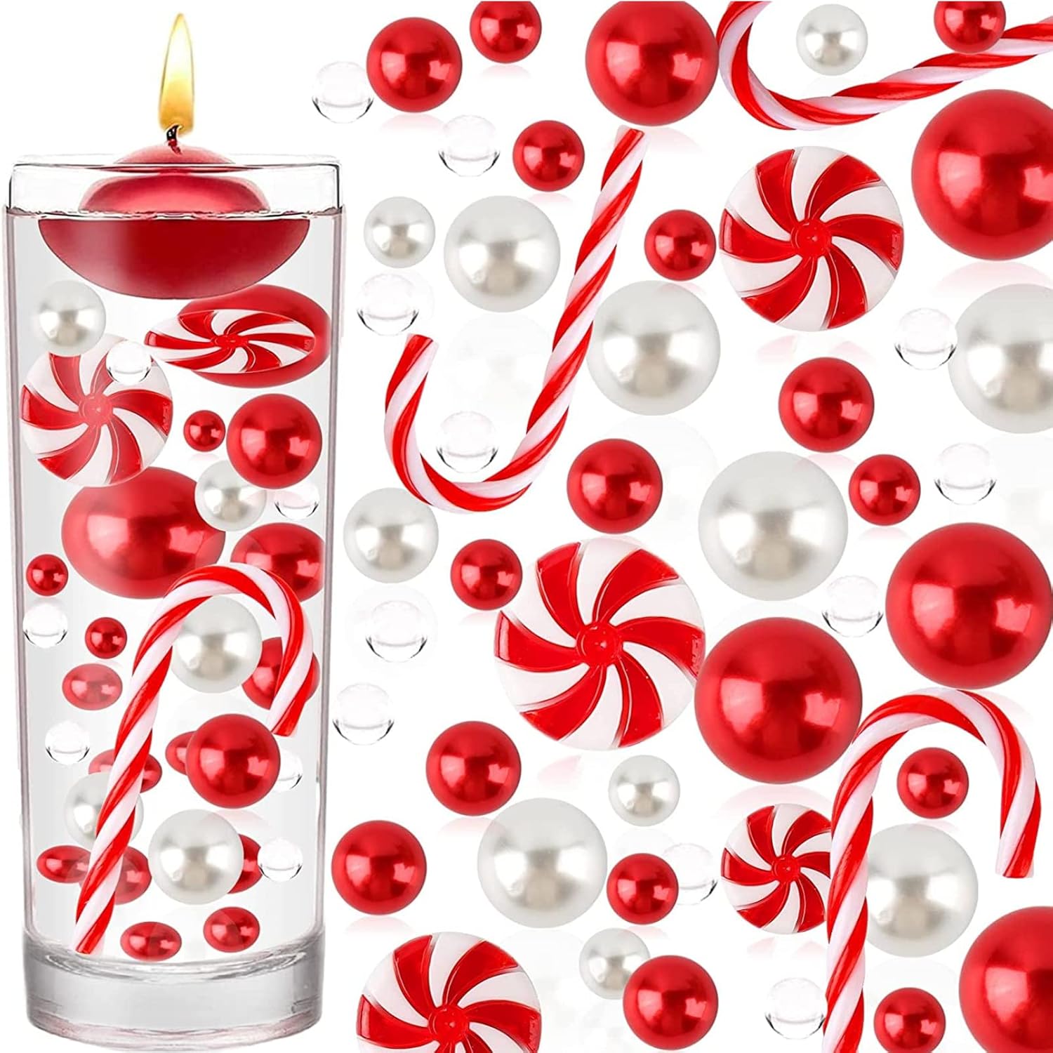 Vase Fillers - 6054Pcs Christmas Vase Filler Floating Pearls for Vases, Christmas Clear Water Gel Beads Candy Cane Christmas Decorations, Floating Candles for Centerpieces, Floating Candy Christmas Party Decor (A)