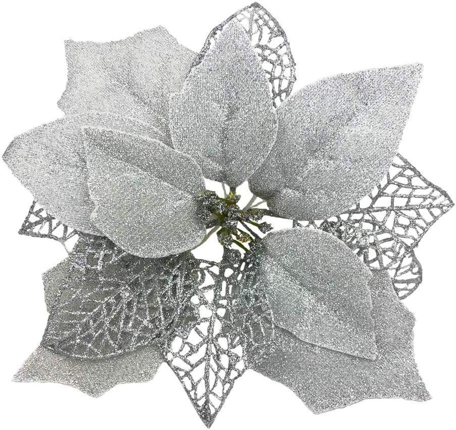 MSOLA (Pack of 12 Christmas Tree Flower Glitter Poinsettia Ornaments Decorations (Silver)