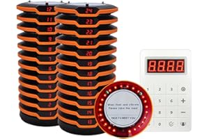 SMARTTAIL Restaurant Pager System, Buzzers for Restaurants 24 Coaster Pagers with Rubber Protection, Touch Keyboard Transmitter,2 Charging Base, Buzzer System for Food Truck Church Nursery Coffee Shop