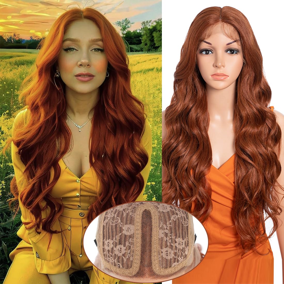 Long Lace Front Deep Wavy Synthetic Wig with Highlights - 28 Inch Middle Part Long Loose Wavy Curl Wig for Daily Use - 130T#