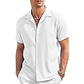 COOFANDY Men's Casual Button Down Shirt Short Sleeve Textured Summer Cuban Beach Shirts White