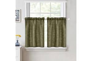 MIULEE Cafe Curtains 24 Inch Length Half Window Curtain Semi Sheer Farmhouse Short Linen Drapes for Kitchen Bathroom Basement Small Window, Rod Pocket Tier Curtains 2 Panels, Light Olive Green