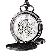 TREEWETO Men's Mechanical Skeleton Pocket Watch for Mens Women Blue Roman Numerals Dial Double Case Pocket Watches